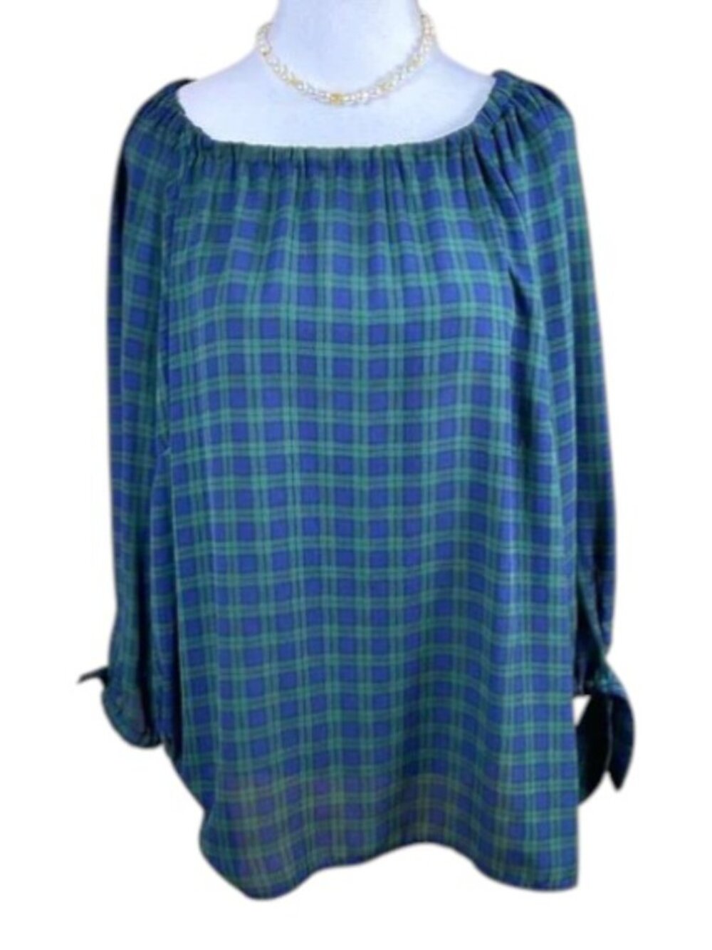 Talbots Blouse Plaid Blue Green Tartan Plus (X)